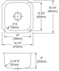 Technical diagram of Dayton Single Bowl Undermount Stainless Steel Bar Sink, 16 1/2 X 18 1/4 Inch, 8 Inch Depth, 18 Gauge 300 Series.