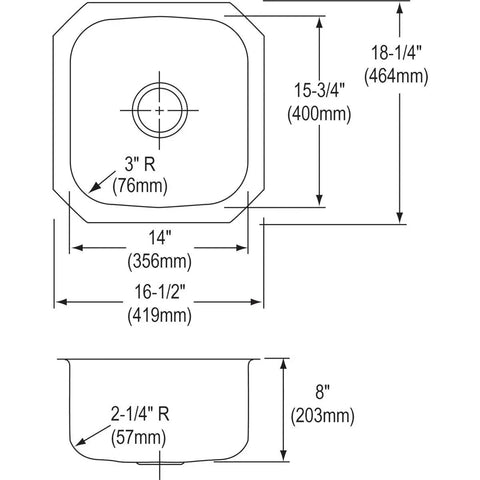 Technical diagram of Dayton Single Bowl Undermount Stainless Steel Bar Sink, 16 1/2 X 18 1/4 Inch, 8 Inch Depth, 18 Gauge 300 Series.