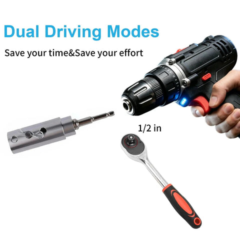 Ditch Elbow Grease, Hardcore Stainless Steel Trailer Jack Drill Adapter For One Inch Drive Shaft, Wobble-Free Heavy Duty Converter with drill and ratchet tools.