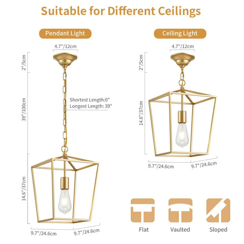 Industrial Gold Lantern Pendant Light With Iron Cage E26 Chandelier for dining room with measurements and ceiling options