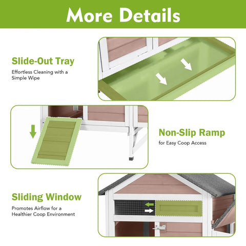 Cozy Two Chickens Outdoor Coop With Expandable Run Small Wooden Hen House features slide-out tray, ramp, and sliding window for ease.