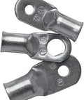 Marine Grade Heavy Duty 2/0 Gauge Tinned Copper Lugs With 3/8 Inch Screw 100 Pack For Marine Electrical Wiring And Battery Terminal Connections Saltwater Ready Seamless Barrel Crimp Design, close-up view of three lugs