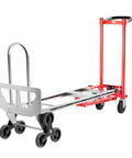 Heavy Duty Convertible Hand Truck For 1000 Lb Load, Aluminum And Steel Workhorse Dolly With 3 In 1 Mode and red frame.