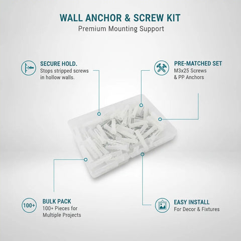 100 Piece White PP Drywall Anchor And Screw Kit with self-tapping M3x25 plugs in plastic tray for hollow walls