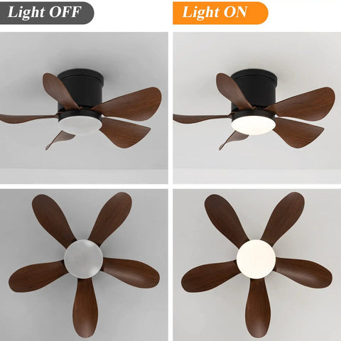 Flush Mount 30 Inch Ceiling Fan With Lights And Remote Low Profile Indoor Outdoor Fan Light ON and OFF Views