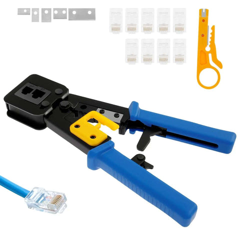 RJ45 Crimp Tool Set For Ethernet Cabling Pro Grade Workhorse Crimping Tool With Mini Wire Stripper Handles 6P 8P Crystal Heads Blue