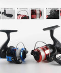 Close-up of two spinning reels from the Beginner Friendly Fishing Rod And Reel Combo Kit with highlighted features.