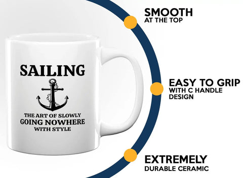 Sailor Coffee Mug 11oz White For Boaters And Sea Dogs with sailing anchor design, smooth top, C handle, durable ceramic.