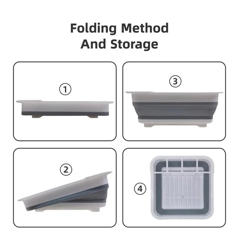 Folding method and storage of Collapsible RV Dish Drying Rack With Built In Utensil Organizer Portable Kitchen Drainer
