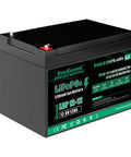 12V 12Ah LiFePO4 battery with built in 15A BMS for diverse applications, showing front label and terminals