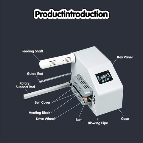 Dang Fast Portable Air Pillow Maker showing key components like key panel, feeding shaft, and heating block for cushioning.