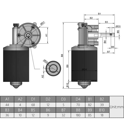 Technical diagram of DC 12V 40RPM Reversible Worm Geared Motor with High Torque Gear Box Reduction Right Shaft GW7085