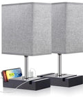 Set of 2 light grey fully dimmable bedside table lamps with dual phone stands and AC outlet for charging gadgets, in a modern style.