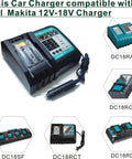 On The Go 18V Battery Car Charger for Li Ion and NiMH tool packs, compatible with various Makita 12V-18V chargers.