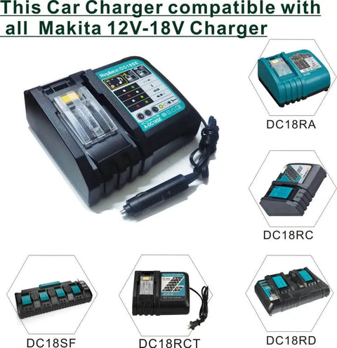On The Go 18V Battery Car Charger for Li Ion and NiMH tool packs, compatible with various Makita 12V-18V chargers.