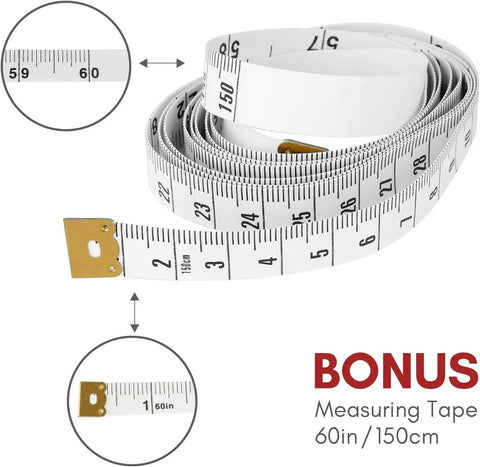 Close-up of a 60-inch/150cm measuring tape showing 6-inch and 150cm marks, with a brass end, labeled as a bonus item.