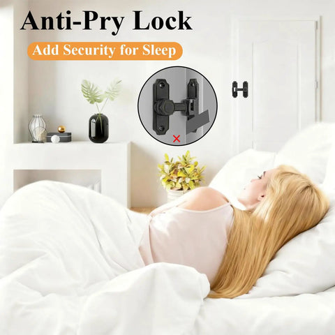 Wopanxye Flip Gate Latch for Barn Door, 360 Degree Rotary Hasp, Right Angle and Swinging 2 in 1 Door Latch, Heavy Duty Security Lock, for Balcony, Patio, Screen, Basement (Gray) demonstrated in a bedroom setting.