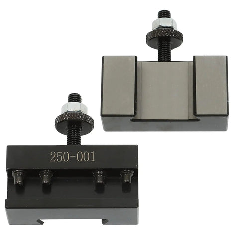 OXA 250 001 Wedge Quick Change Tool Holder Replacement for Lathe Two Pack in steel, showing holder details and screws