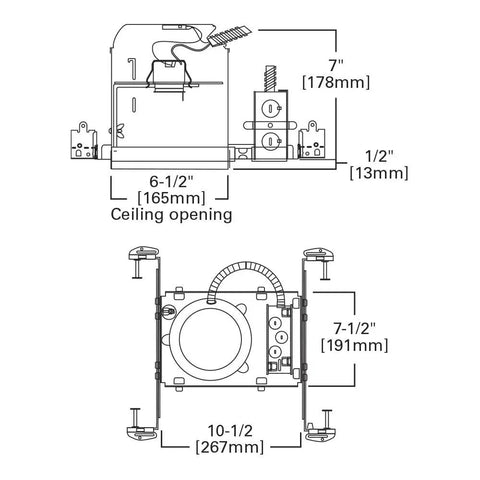 Technical diagram of New Construction Recessed Lighting Housing IC Rated Air-Tite Built For Speed Install 120V E26 Socket Base