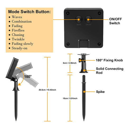 Diagram showing the mode switch and solar panel setup for Mega Long Solar Fairy String Lights 288 Feet 800 LED.