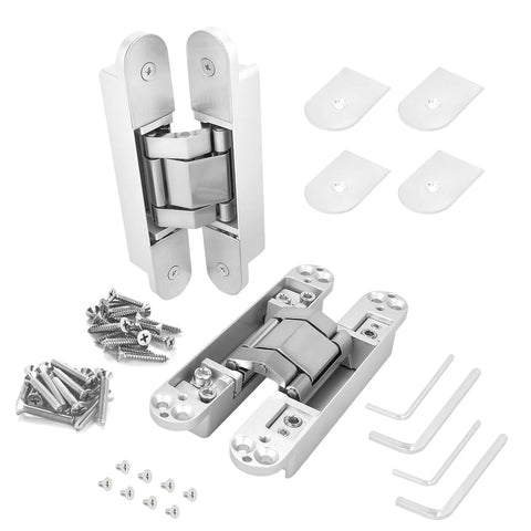Hidden Concealed Door Hinges With Invisible Look, 180 Degree Swing, 3 Way Adjustable For Precise Alignment, Satin Nickel Finish, 6 Inch Long Pair