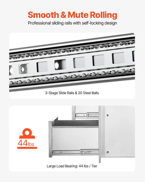 Outdoor Kitchen Drawers With Paper Towel Holder Stainless Steel Double Access Drawers for BBQ Island sliding mechanism view