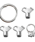 Chrome radiator bleed key set with three wing-shaped keys and a key ring