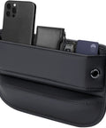 Premium Leather Car Seat Gap Filler Organizer with phone, wallet, and cards in smart compartment design.