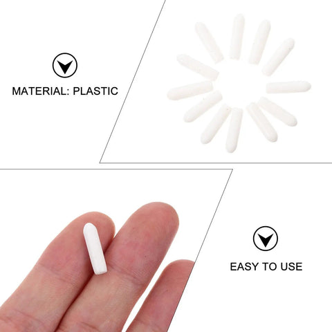 Close-up of white plastic hanger end cap in hand, part of 300 Pack Plastic White Clothes Hanger End Caps With Rounded Corners No Glue Needed Protective Covers For Iron Wire Hangers Quick Install And Closet Organization A Must Have Space Saving Storage Solution.