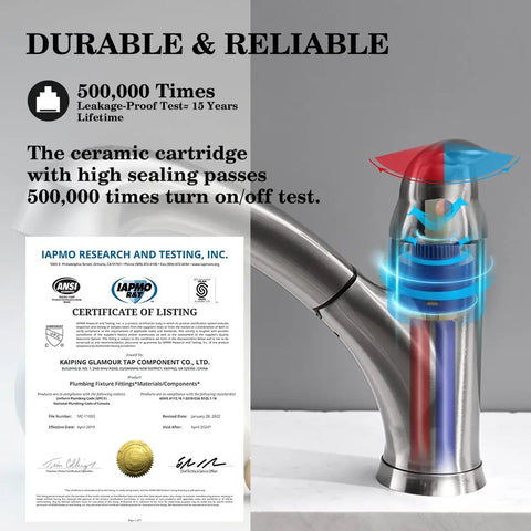Brushed Nickel Kitchen Faucet with Pull Out Sprayer showing ceramic cartridge durability and IAPMO certification
