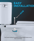 Guinevere SoftClose Elongated Toilet Seat In Bone, Gentle Close lid, shown in easy installation diagram with tools