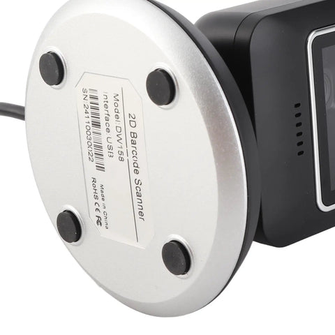 Bottom view of Omnidirectional 2D Barcode Scanner USB Wired Desktop Reader showing label and suction cups for retail stores.