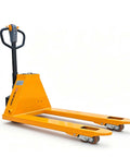 Heavy Duty Electric Pallet Jack 3300 Lbs Capacity 45X27 Forks Lithium Battery Powered Stand Up Walkie side view orange design