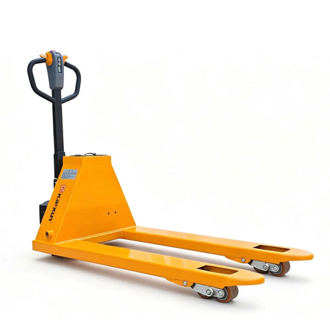 Heavy Duty Electric Pallet Jack 3300 Lbs Capacity 45X27 Forks Lithium Battery Powered Stand Up Walkie side view orange design