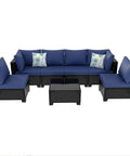 7 Piece Outdoor Patio Sectional Wicker Rattan Set In Coffee Blue With Waterproof Cushions, Cozy Conversation Couch On White Background