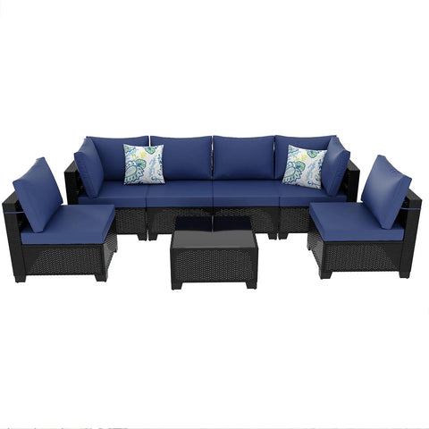 7 Piece Outdoor Patio Sectional Wicker Rattan Set In Coffee Blue With Waterproof Cushions, Cozy Conversation Couch On White Background