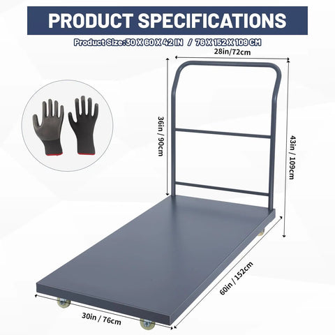 Beefy 60x30 Flatbed Cart With 2000 Lb Capacity, Steel Flat Dolly, Swivel Wheels, Rugged Industrial Utility Cart For Warehouse, Moving Luggage, And Tough Jobs. Steel flatbed cart shown with dimensions and handle