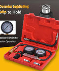 TU-21 cylinder leak-down tester kit in red case with dual gauges and hoses
