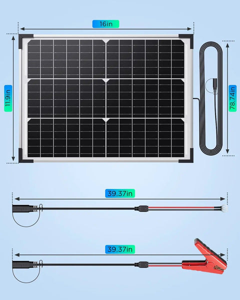20W Solar Battery Charger And Maintainer Kit With IP68 Smart Controller and cables, dimensions labeled for clarity.