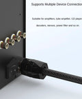 Top Shelf HiFi Power Plug Featuring Rhodium Plated Copper Non Magnetic Pins And Rock Solid Iec C15 Connector connected to audio equipment.