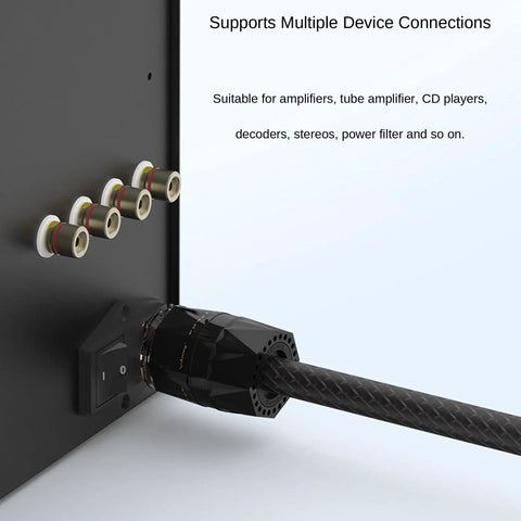 Top Shelf HiFi Power Plug Featuring Rhodium Plated Copper Non Magnetic Pins And Rock Solid Iec C15 Connector connected to audio equipment.