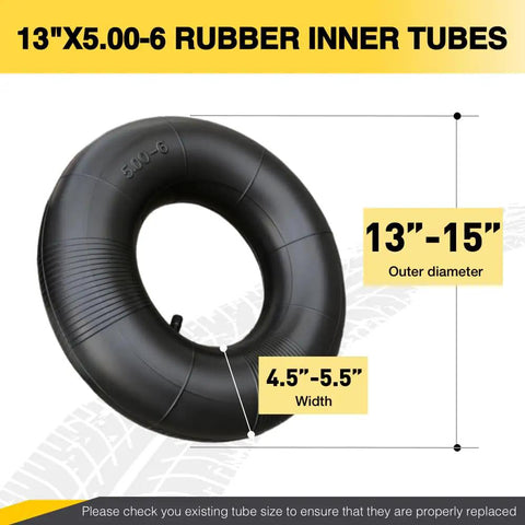 Universal 13x5.00-6 Inner Tube With Straight Valve Stem shown with diameter and width dimensions