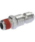 Top Shelf Zinc Plated Steel Air Plug Set 3/8 Inch Core 1/4 Inch Mnpt Male Thread Two Piece T Block Splitter 300 Psi Max Pressure close-up of steel T adapter with red thread.