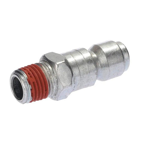 Top Shelf Zinc Plated Steel Air Plug Set 3/8 Inch Core 1/4 Inch Mnpt Male Thread Two Piece T Block Splitter 300 Psi Max Pressure close-up of steel T adapter with red thread.