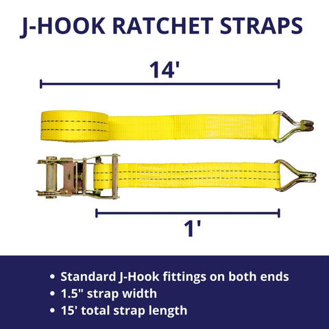 Heavy Duty Ratchet Tie Down Straps 1.5 Inch Wide By 15 Feet Long With 4,400 Pound Breaking Strength And J Hook Ends 10 Pack