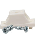 Twenty Pack Heavy Duty Plastic Drawer Slide Cabinet Side Spacers Three Quarter Inch Profile For Dead Simple Install And Killer Alignment On Kitchen Cabinets With Core Support Pegs And Drive Screws In Clean White, showing spacer with screws.