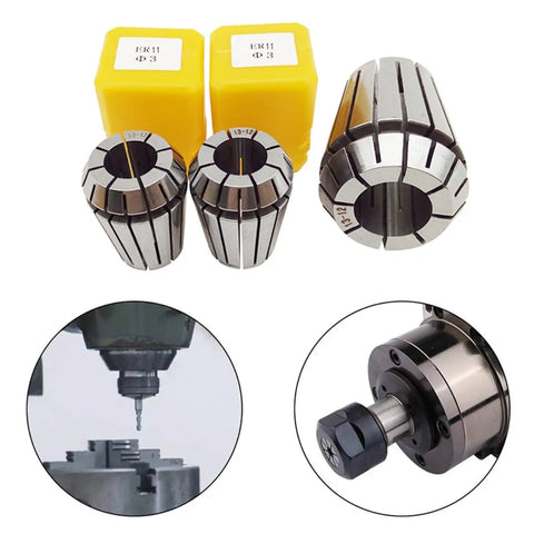 Premium ER16 CNC Collet Chuck 0.015mm Precision Spring Tool Holder for Milling Machines with collets and milling setup details.