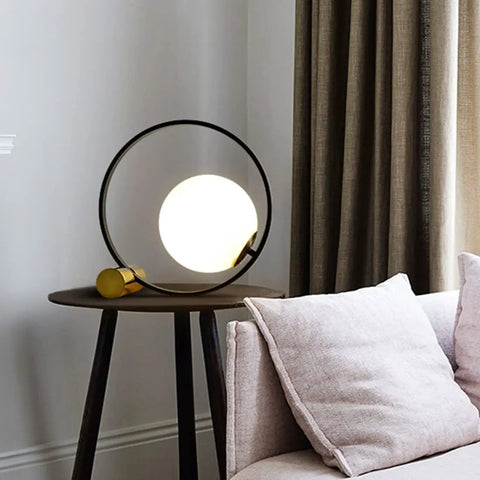 Mid Century Modern Glass Globe Desk Lamp With Gold Ring, Plug In Nightstand Reading Light For Bedroom And Office