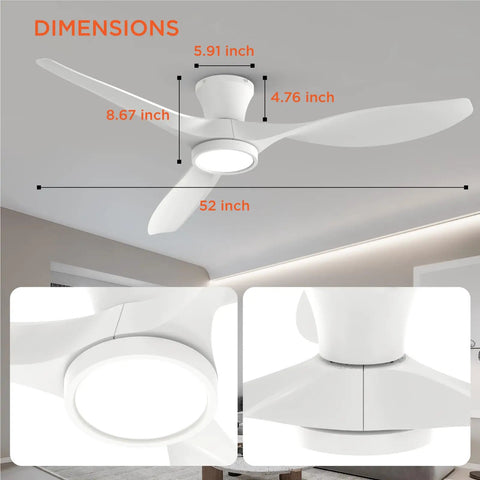 52 Inch Ceiling Fan With Lights Remote Control Modern Low Profile Design Quiet Reversible DC Motor for Bedroom with dimensions