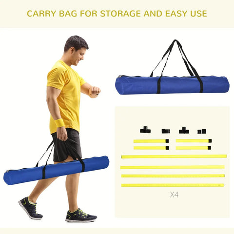 Man carrying a Four Piece Adjustable Dog Agility Jump Set Training Kit with Portable Carry Bag For All Sizes Easy Height Adjustments Park Ready Outdoor Practice Yellow